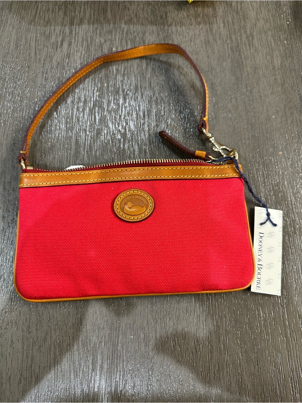 Dooney & Bourke Red Canvas Wristlet with Tan Leather Trim Nylon mini bag
